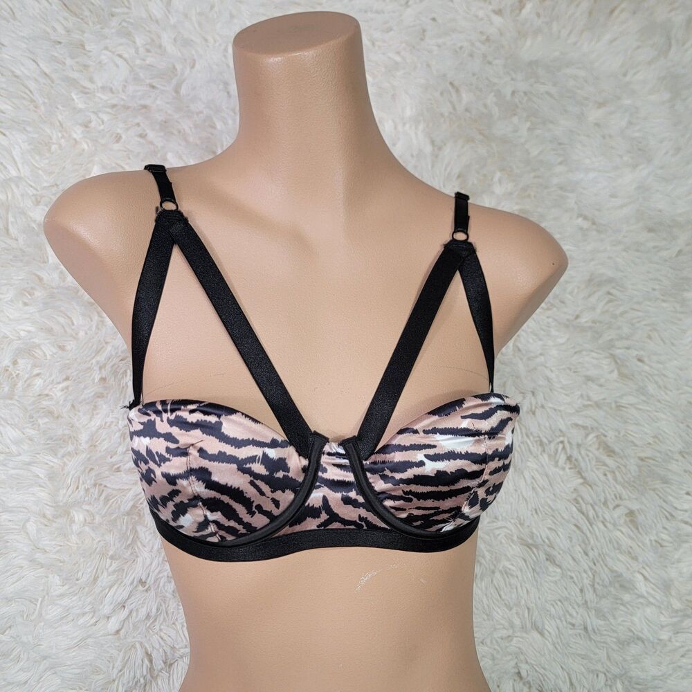 Fredericks of Hollywood Balconette Strappy Bra Wired Size M Animal Print Satin I